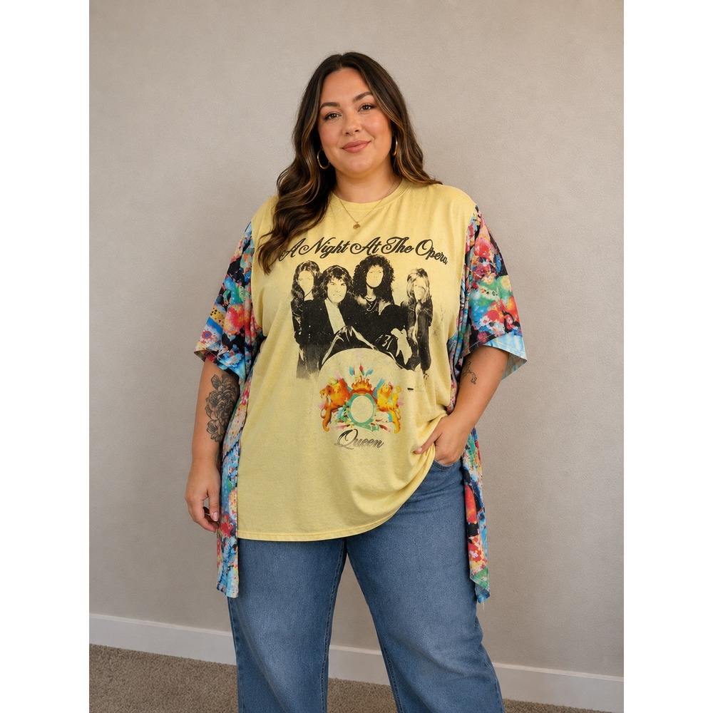 Queen A Night At The Opera Graphic T-Shirt Yellow Floral Side Panels Womens